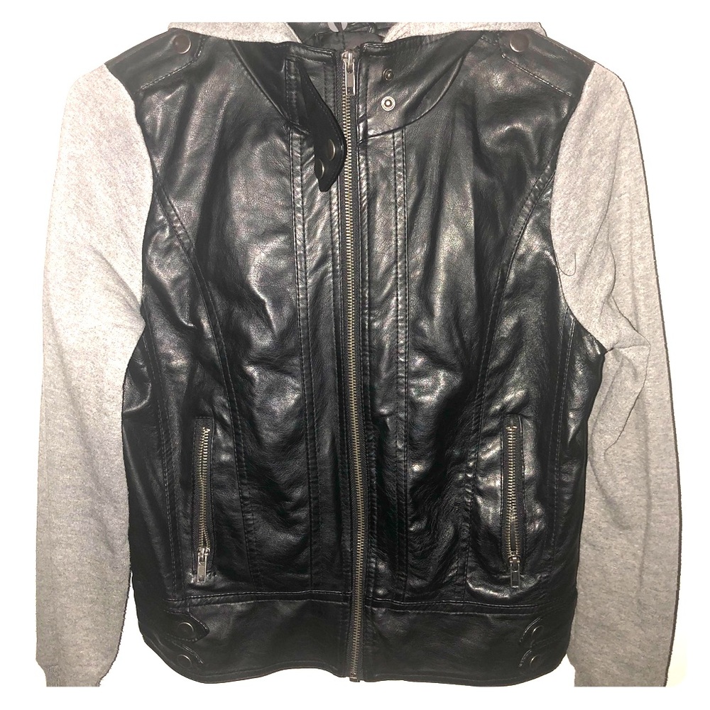 Faux Leather & Fleece Jacket w/ Hood